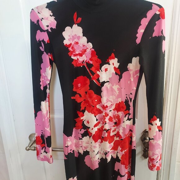 Norma Kamali Fishtail Midi Floral Black Turtleneck Dress - Picture 6 of 10